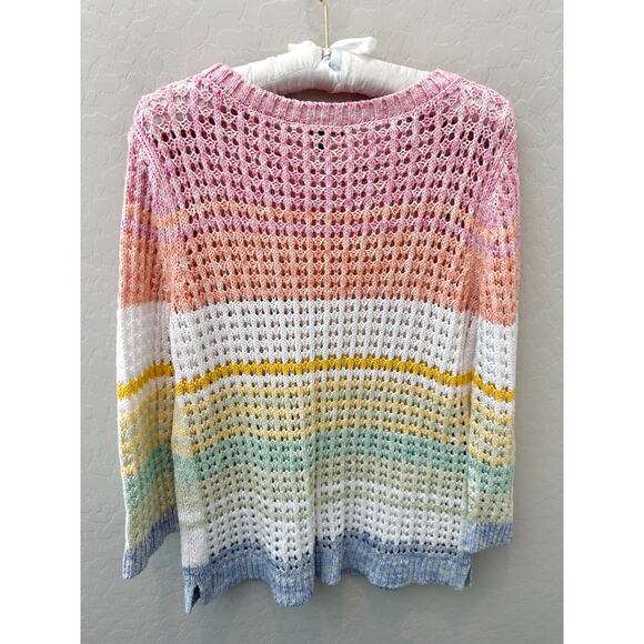 TALBOTS Rainbow Open Knit Sweater Cotton Pastel Stripe Pullover | Petite Medium - Picture 4 of 6